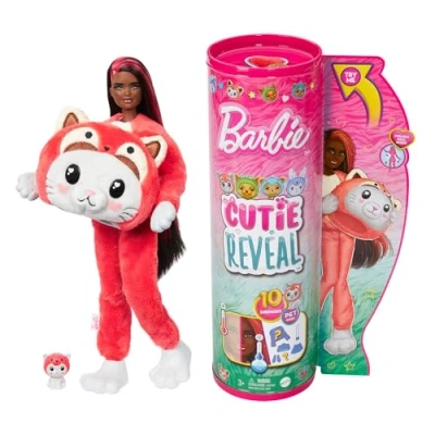 Image de Barbie Coffret Cutie Reveal Avec Poupée Articulée Cheveux Noirs Mèches Rouges, Chaton Panda, 10 Surprises Et Accessoires Inclus, À Collectionner, Jouet Enfant, A Partir De 3 Ans, HRK23