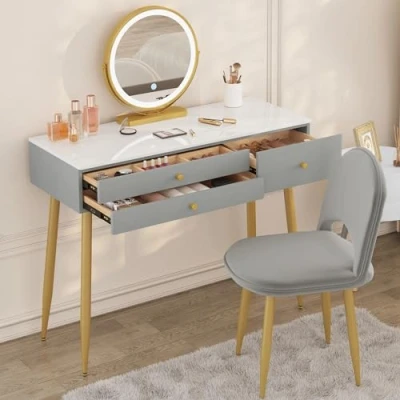 Image de WOLTU Ensemble Coiffeuse avec Miroir LED Réglable et Chaise en Velours, Table de Maquillage 3 Tiroirs Bois Massif, Grand Plateau 100x40cm, Bureau Coiffeuse, Gris+ Or, MB6105gr