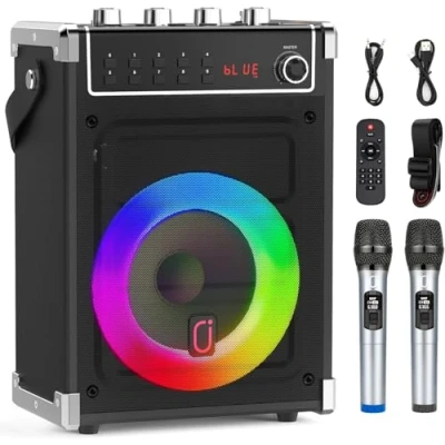 Image de JYX Machine de Karaoké, Enceintes Karaoké Professionnelles avec 2 Microphones sans Fil et Lumières Fête DJ, Supporte le Système Portable TWS/AUX/FM/USB/TF Card.