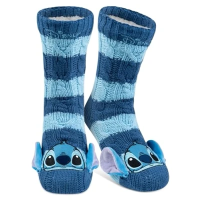 Image de Disney Lilo &amp; Stitch Chaussettes d&#039;intérieur en tricot avec oreilles et doublure Sherpa pour femme douillettes d&#039;hiver chaudes Taille unique bleu, 38/43 EU