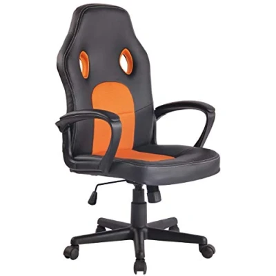 Image de CLP Chaise De Bureau Elbing en Similicuir I Assise Rembourrée A Effet Matelassé Support avec 5 roulettes Etoile, Couleur:Noir/Orange