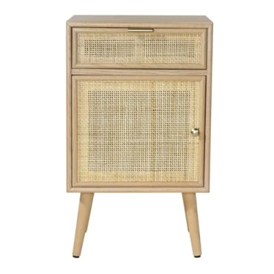 Image de Casâme Table de Chevet Miya 1 Porte et Tiroir Cannage en Rotin Naturel Pieds Sapin Rangement d&#039;Appoint pour Chambre Bois Clair Style 42 x 36,5 H71cm