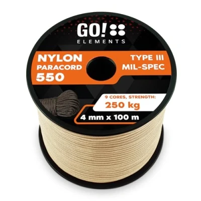 Image de GO!elements 100m Paracorde en Ficelle Nylon 4mm 550 Typ III Corde approprié Fil de Peche Nylon, Filet éthologique, etc. Max. 250kg, Coleur: Sable