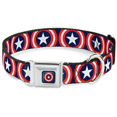 Image de Buckle Down Collier pour Chien avec Boucle de Ceinture sécurité Motif Bouclier Captain America Bleu Marine 2,5 cm Large Tour Cou 38 à 66 Taille L