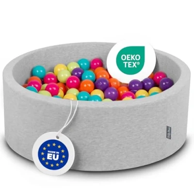 Image de KiddyMoon Piscine À Balles pour Bébé Rond 90X30cm/300 7Cm Fosses Boules Jouet Enfant, Gris Cl.:Vert Cl/Jaune/Turq/Orange/R.Foncé/Violet