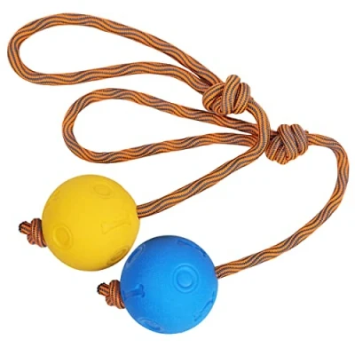 Image de 2 Pièces Balle pour Chien avec Corde, de Caoutchouc Solide Durable sur Une Ldéal Ramasser, Attraper, Lancer et Tirer à la Corde (5 cm, Bleu + Jaune)