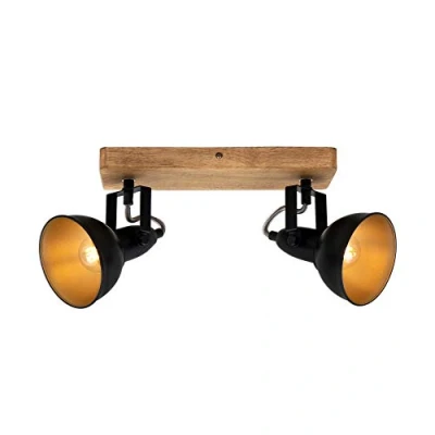 Image de BRILONER Leuchten Luminaire à spots, spot plafonnier rétro, éclairage vintage, spots pivotants et orientables, 2x E14, maximum 25 Watt, métal bois, noir doré, 280x110x157mm (LxlxH)