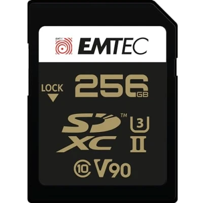Image de EMTEC Carte SDXC UHS II U3 V90 SpeedIN Pro+ ECMSD256GUHS2V90 Mémoire Photos en Rafale, Vidéos Full HD, 3D, 4K, 8K UHD Capacité de Stockage 256Go, 256GB 2 Rangées PIN au Dos Noir/Doré