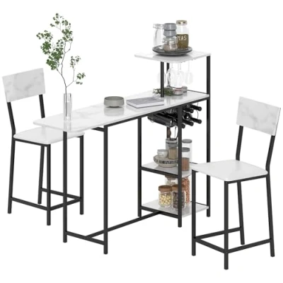 Image de Ensemble table de bar avec tabourets HOMCOM abattant pliant, casiers à vin, porte verres, étagères et repose pieds blanc