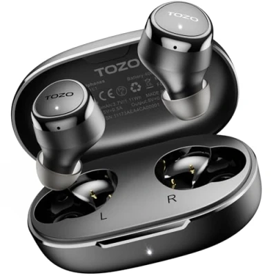 Image de TOZO E1 Écouteurs sans fil avec microphone Appels clairs Bluetooth 5.3 ergonomique et léger en casque IPX6 étanche Premium Stéréo Sound Headset 30H Playtime 32 EQ via APP, noir