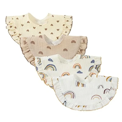 Image de Nishine 4 pcs Bavettes en mousseline pour bébé coton rotatives à 360 degrés de dentition garçon fille(Set arc ciel)