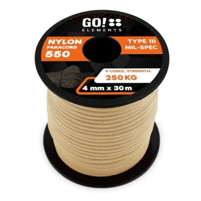 Image de GO!elements 30m Paracorde en Ficelle Nylon 4mm 550 Typ III Corde approprié Fil de Peche Nylon, Filet éthologique, etc. Max. 250kg, Coleur: Sable