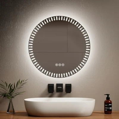 Image de EMKE Miroir Rond Salle de Bain LED rétro éclairé, diamètre 60 cm, avec Anti buée+Interrupteur Tactile+3 Couleurs lumière Variable, décoratif à la Mode,Miroir