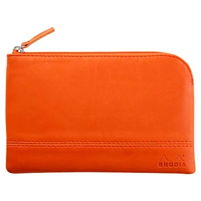 Image de RHODIA 116546C Pochette Zippée en Simili Cuir Tangerine Taille S (11 x 17 cm) Coutures Véritables Intérieur Tissu Orange Rangement Documents, Petites Fournitures