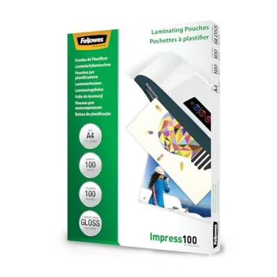 Image de Pochettes de plastification Fellowes au format A4, 100 microns, Pack Feuilles à plastifier, Finition Brillante et Haute Qualité, Idéal pour les photos affiches