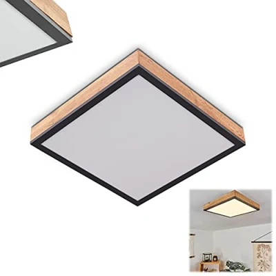 Image de Plafonnier LED Salmi en bois et métal noir, élégant panneau lumineux plat carré idéal dans un bureau moderne, 12 Watt, 960 Lumen, 3000 Kelvin (blanc chaud)
