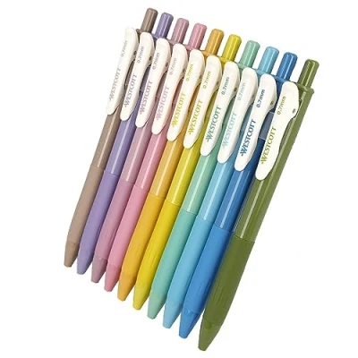 Image de Westcott E 733900 00 Lot de 10 stylos à encre gel avec couleurs vives et multicolores Épaisseur trait 0,7 mm pour des traits doux précis lors l&#039;écriture, du dessin la peinture