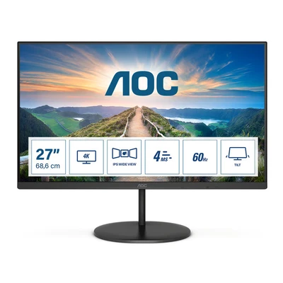 Image de AOC U27V4EA Moniteur UHD 4K 27 Pouces, 60 Hz, 4 ms, IPS, synchronisation adaptative, Haut parleurs, FlickerFree (3840 x 2160 @ 350 CD/m², HDMI 2.0 2, DisplayPort 1.2 1), Noir
