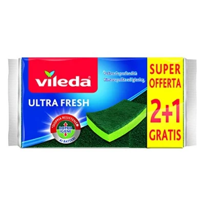 Image de Vileda Ultra Fresh éponge Abrasive, absorbante, Anti Rayures, avec Partie fibreuse, Traitement antibactérien, Format 2+1, Vert