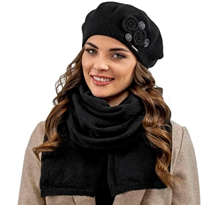 Image de Vivisence Femme Ensemble Élégant Béret Et Écharpe Automne Hiver En Laine Style Classique Ajustement Parfait Confort Thermique Accessoire Idéal Pour Les Froides Journées 7037Kmpl, Noir,Taille Unique