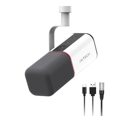 Image de IXTECH Microphone Dynamique cardioïde avec Cache Micro, Vocal USB XLR pour podcasting, Streaming, Enregistrement, Jeux et Voix Off (Blanc)