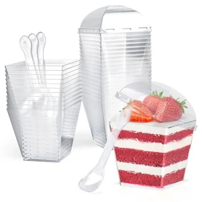 Image de CoKeeSun 60 Pièces Tasses à Dessert avec Couvercles &amp; Cuillères, 200ml/7oz Verrines Plastiques Carrée, Coupelle Réutilisables, Gobelets pour Tiramisu Pudding Mousse Crème Glacée