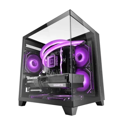 Image de MARSGAMING MC 3CM, Boîtier Gaming MicroATX, Vue Panoramique 3D Triple Verre Trempé, Design à Double Chambre Latérale, Support Complet Refroidissement Liquide, Gestion des Câbles, Mini Tour PC, Noir