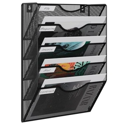 Image de EasyPAG 5 Compartiments Métal Porte Revue Mural Document Suspendu A4 Organisateur de Bureau à Suspendre Banette Rangement Range Papier Corbeille a Courrier Murale,Noir