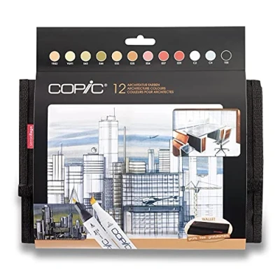 Image de COPIC Classic Set « Couleurs Architecture », de 12 pièces en portefeuille, Twin Marker avec une pointe moyenne et fine