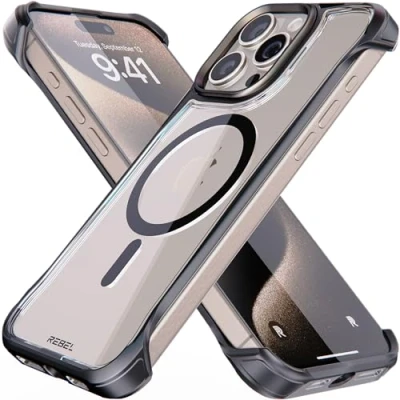 Image de REBEL Coque Transparente pour iPhone 15 Pro Max [série Crystal Flex] Côtés exposés Plus de Confort, Compatible avec MagSafe, Prise en Main Brillante, Protection Anti Chocs, sans Cadre