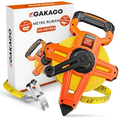 Image de Gakago mètre ruban 100m enrouleur à 3 démultiplications avec levier pliable Poignée ergonomique et antidérapante du mètre, Rouleau de pointe marquage des points mesure