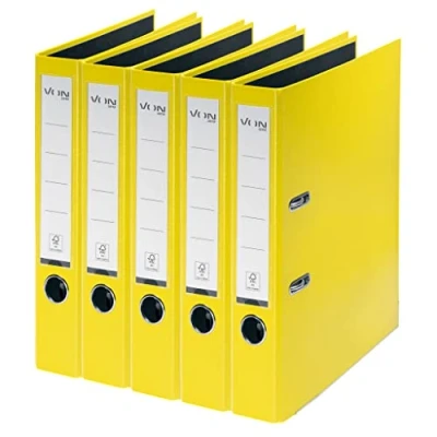 Image de FROM Lot de 5 dossiers A4, en carton avec couverture plastique, largeur du dos 50 mm, à partir Leitz , pour 350 feuilles, certifié FSC, l&#039;école, l&#039;étude et la maison, jaune, 10561015