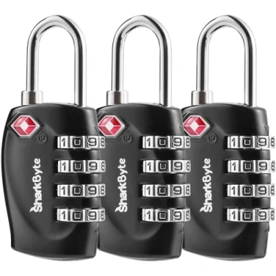 Image de SharkByte Lot de 3 cadenas à combinaison approuvés par la TSA, sécurité voyage pour valises, fermeture éclair, sac dos, voyage, code casier