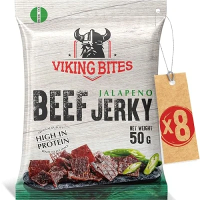 Image de Viking Bites Beef Jerky Jalapeno 400g (8 x 50 g) Bœuf séché en cas à base de viande riche protéines