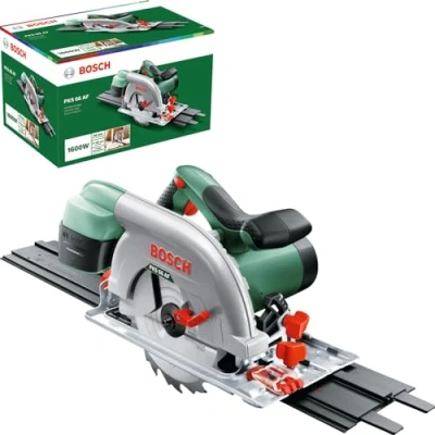 Image de Bosch Home and Garden scie circulaire filaire PKS 66 AF (1600W, livrée avec lame de bois, emballage carton), Vert, plus rail guidage