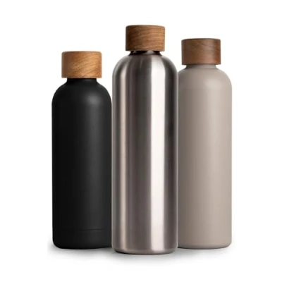 Image de T&amp;N Bouteille Isotherme d’eau 1l en acier inoxydable avec bouchon bois d&#039;acacia, Gourde Inox 1 Litre, conserve le froid à 29h, la chaleur 14h, étanche pour boissons gazeuses