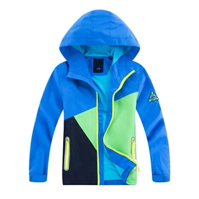 Image de YoungSoul Blouson Imperméable Garçon Fille Coupe Vent à Capuche Color Block Veste de Randonnée Printemps Automne Bleu 6 7 Ans