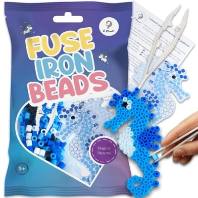 Image de La Manuli Plaques de perles à repasser avec modèles assortis Hippocampe + gratuites transparentes Midi Accessoires Un bon cadeau pour les enfants partir 5 ans (hippocampe)