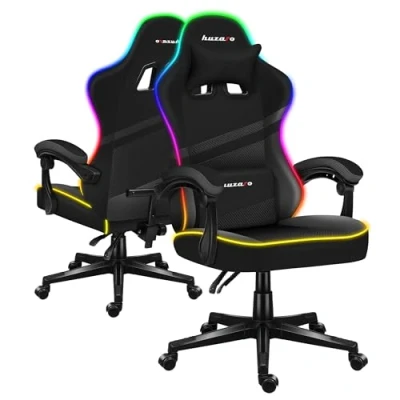 Image de huzaro Force 4.4 RVB Éclairage LED Chaise Bureau Ergonomique Tissu Mesh Appui tête Coussin Lombaire Réglable en Hauteur PC Gaming Accoudoirs Souples Noir