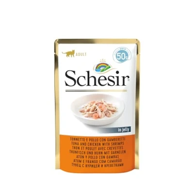 Image de Schesir Cat Jelly Thon et Poulet avec crevettes, Nourriture pour Chat Humide en gelée, 30 sachets x 50 g