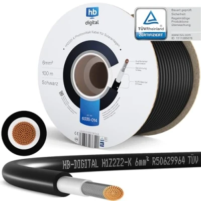 Image de hb digital 100m Câble Solaire H1Z2Z2 K testé par le TÜV Rheinland 6 mm² Résistant aux UV 1500 V Flexible Cuivre pur Cable d&#039;extension photovoltaïque pour panneau solaire, onduleur et