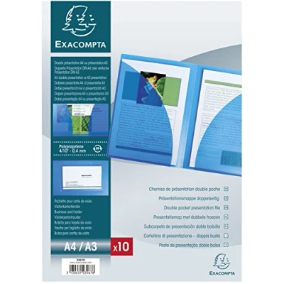 Image de Exacompta Réf. 3967E Paquet de 10 chemises présentation double poche en polypropylène semi rigide pour format A4 et/ou A3 dim 24 x 32 cm porte étiquette couleur cristal