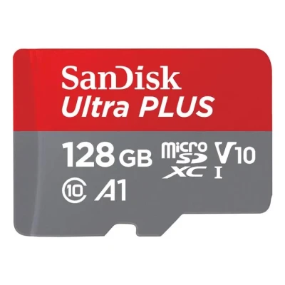 Image de SanDisk Carte mémoire micro SD Ultra Plus SDXC 128 Go Gris et Rouge + Adaptateur 150 MB/s A1 Class 10 UHS I