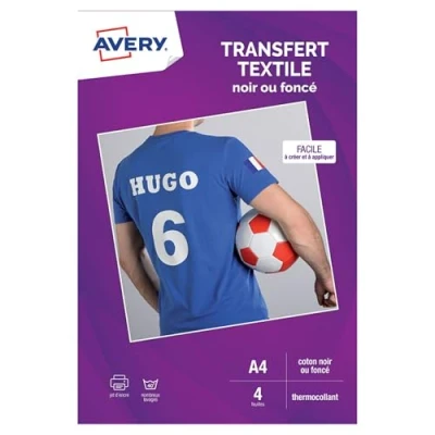 Image de Avery Transferts Personnalisables pour Textiles noir ou foncés A4 Impression Jet d&#039;Encre Pochette de 4 Feuilles