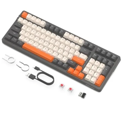 Image de FREEWOLF K8 Clavier de Jeu Mécanique Sans Fil à échange Chaud, Filaire Rétroéclairé RGB, Commutateur Rouge, Bluetooth/2,4 GHz/USB C Tri Mode avec batterie 4000 mAh pour Mac/Win Gris/Orange