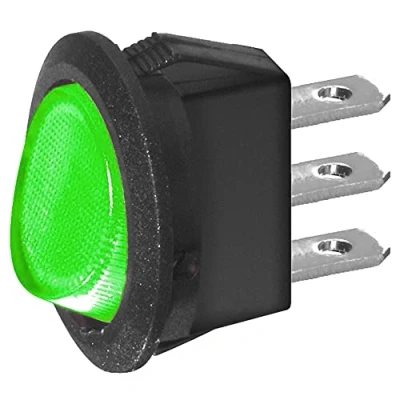 Image de Interrupteur unipolaire SPST ON OFF avec bouton lumineux vert et bornes faston 4,8 mm, trou de montage diamètre 20 250 V 6,5 A