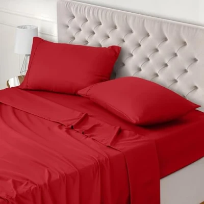 Image de Utopia Bedding Parure de Lit 150x200, Draps 2 Personnes, Ensemble 4 Pièces, Polyester Microfibre, 1 Drap Housse Plat 266x259 et Taies d&#039;oreillers 50x75, Rouge