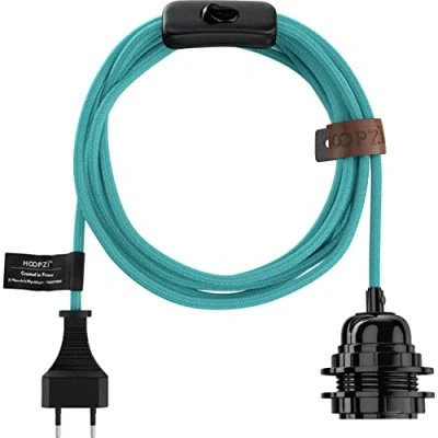 Image de Hoopzi Fil électrique en Tissu de 4,5M pour Éclairer Partout Chez Vous Douille Ampoule E27 avec Interrupteur Créez Votre Suspension Luminaire, Baladeuse, Lampe Suspendue Bala Turquoise