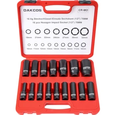 Image de DAKCOS 16pcs Coffret douille a choc 1/2&quot; hexagonale à 6 points 10 32mm longue pour visseuse CR MO