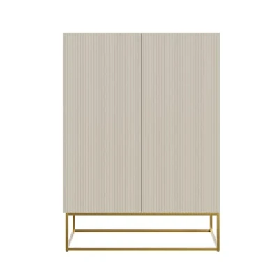 Image de Selsey Commode Armoire 2 Portes 3 Compartiments Façade Fraisée 90 cm sur Pieds Dorés Meuble De Rangement Gris Beige Veldio